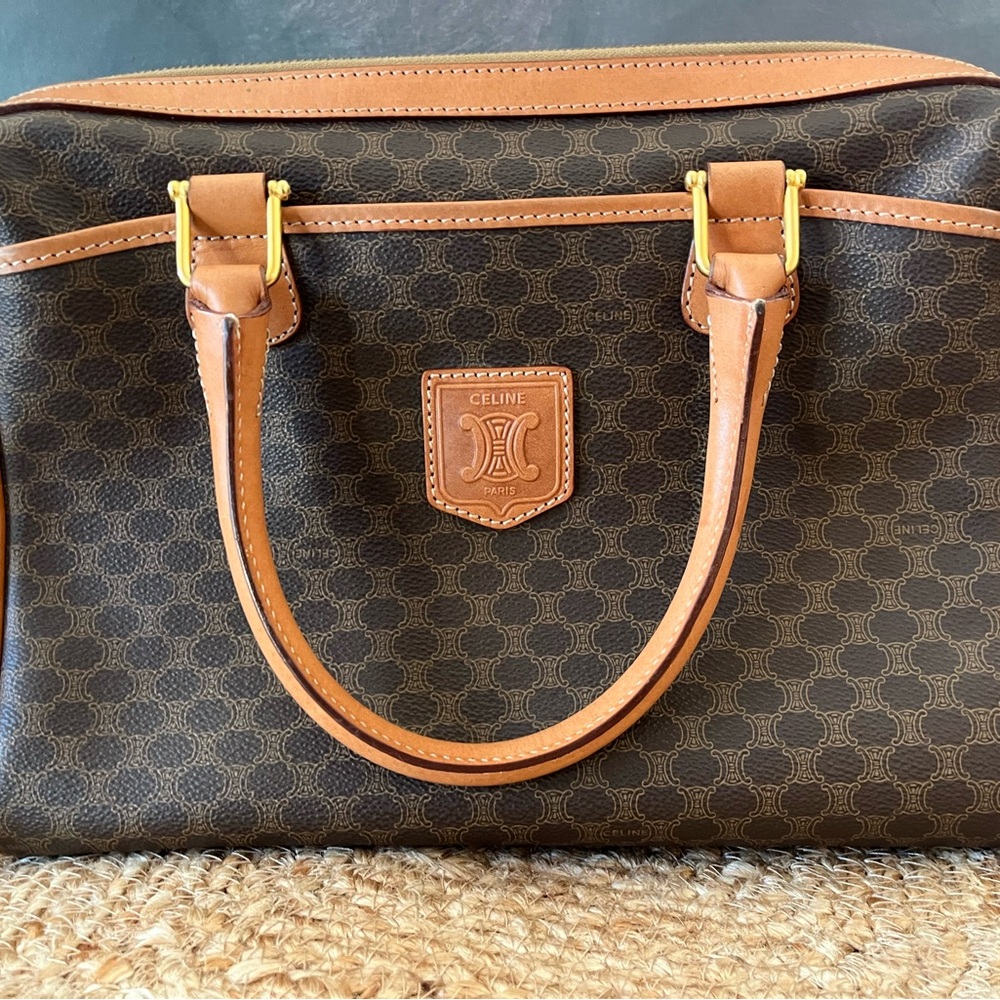Celine Dark Brown Patterned Tote with Tan Accents
